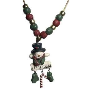 Vintage 90s Crafted Handmade Christmas Holiday Snowman Necklace Beaded Gift Xmas